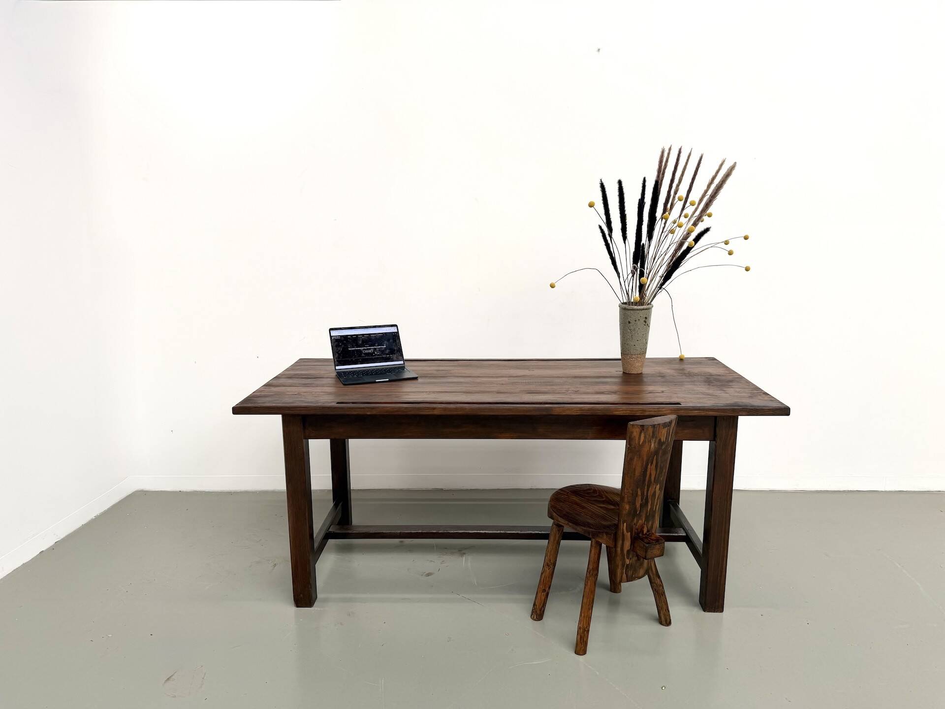 Solid pine work table, grooved top, satin brown finish, year