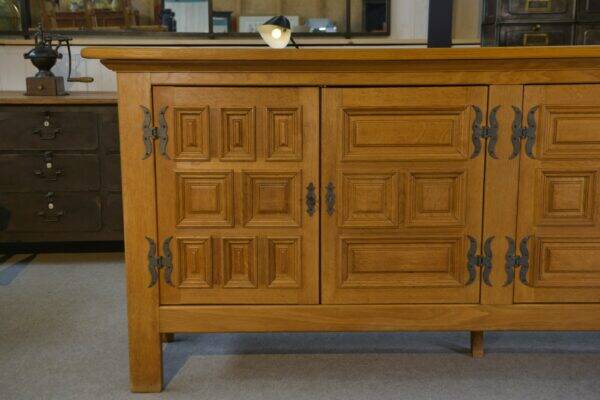 Large 4-door sideboard in solid oak and wrought iron, rustic style, 1960s