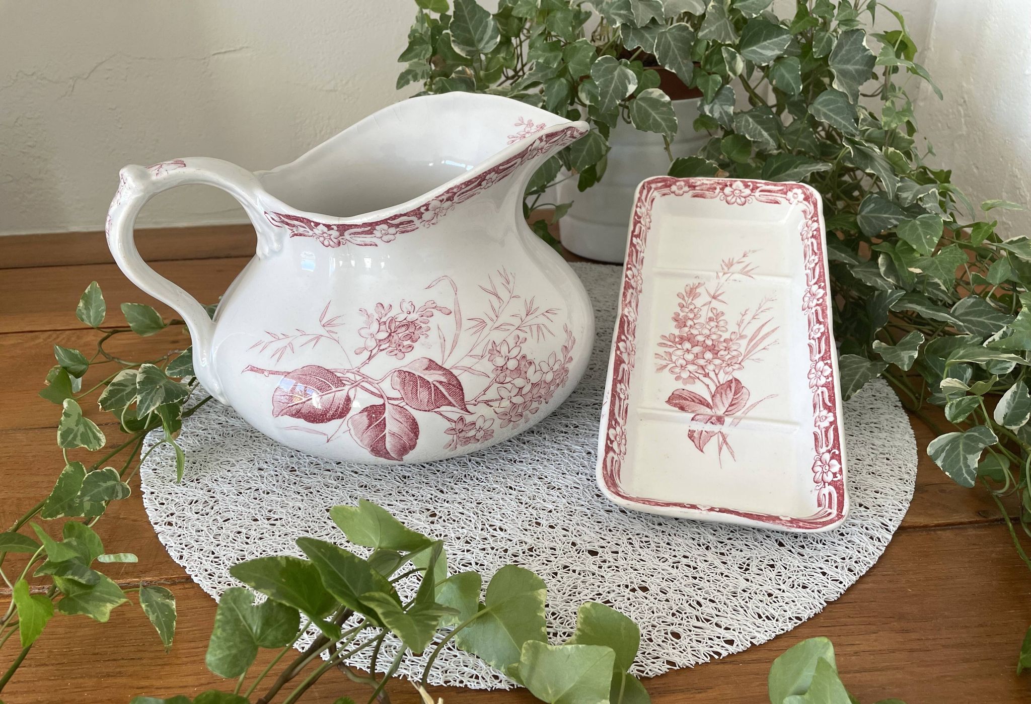 Antique earthenware jug & brush holders from Creil & Montereau