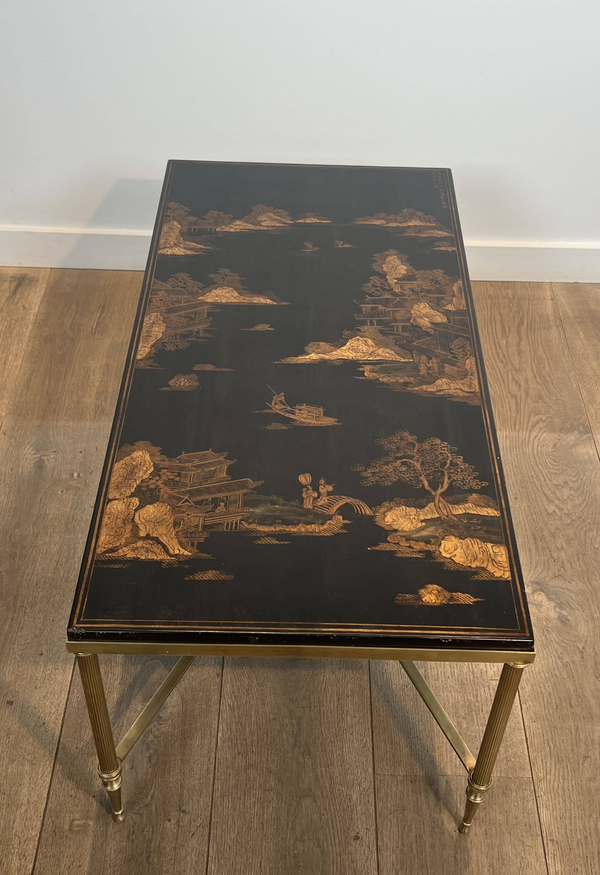 Neoclassical Brass Coffee Table with Lacquered Top Representing
