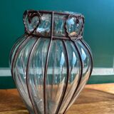 Pair of Venetian vases in blown glass and wrought iron