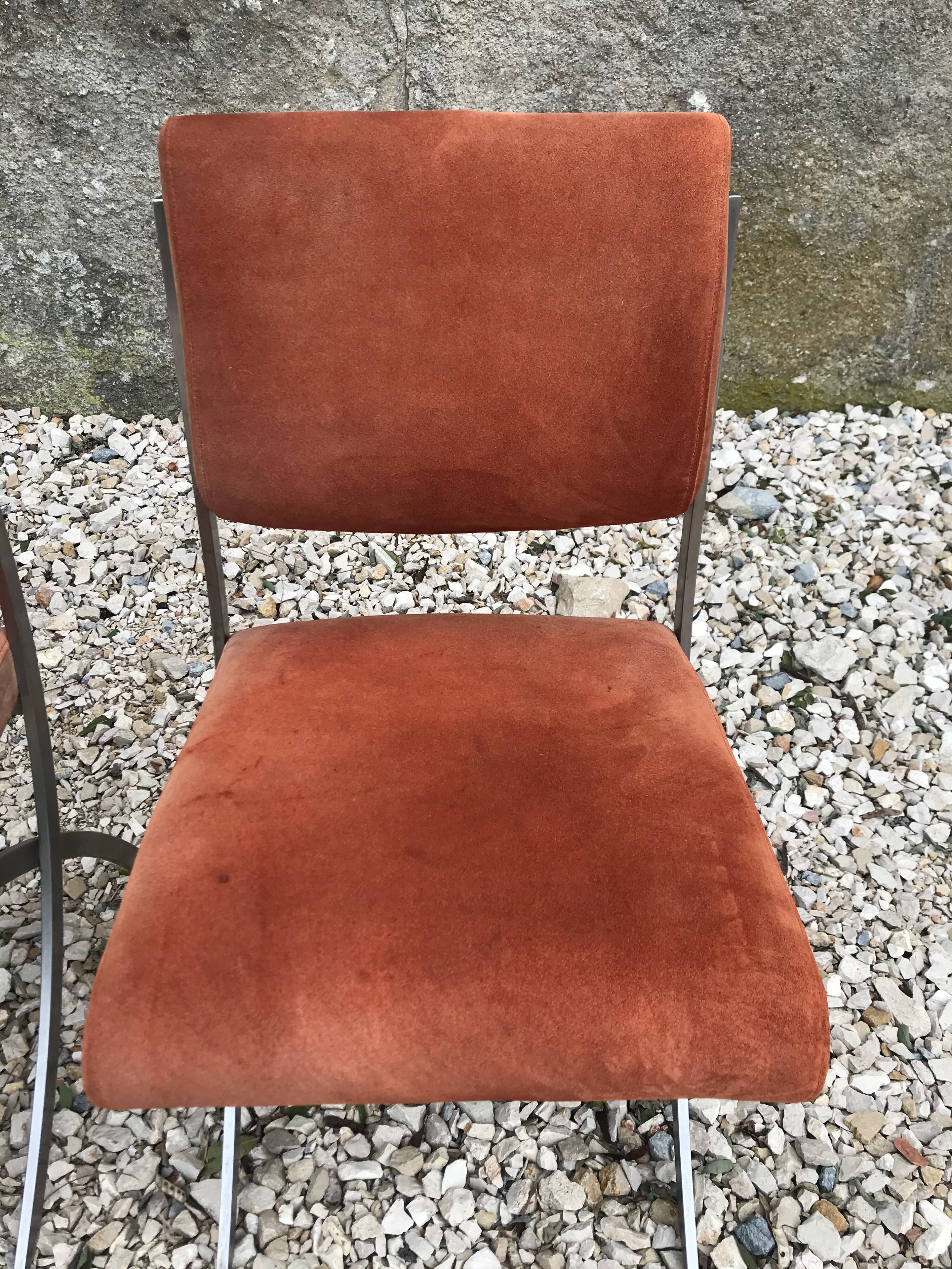 Suite of 4 vintage orange chairs 1970 steel and suede