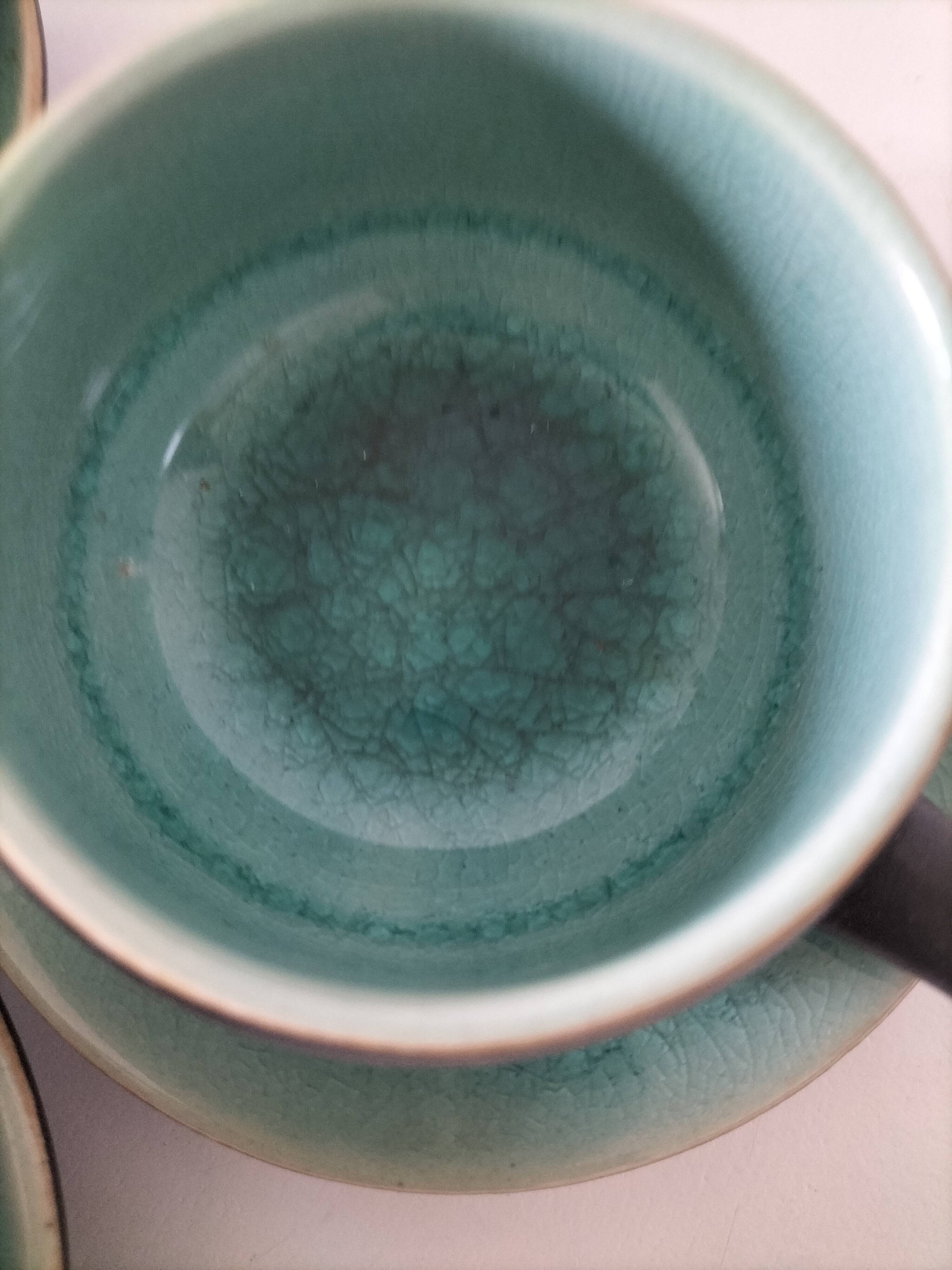 Set of three ceramic cups and saucers – crackled turquoise glaze