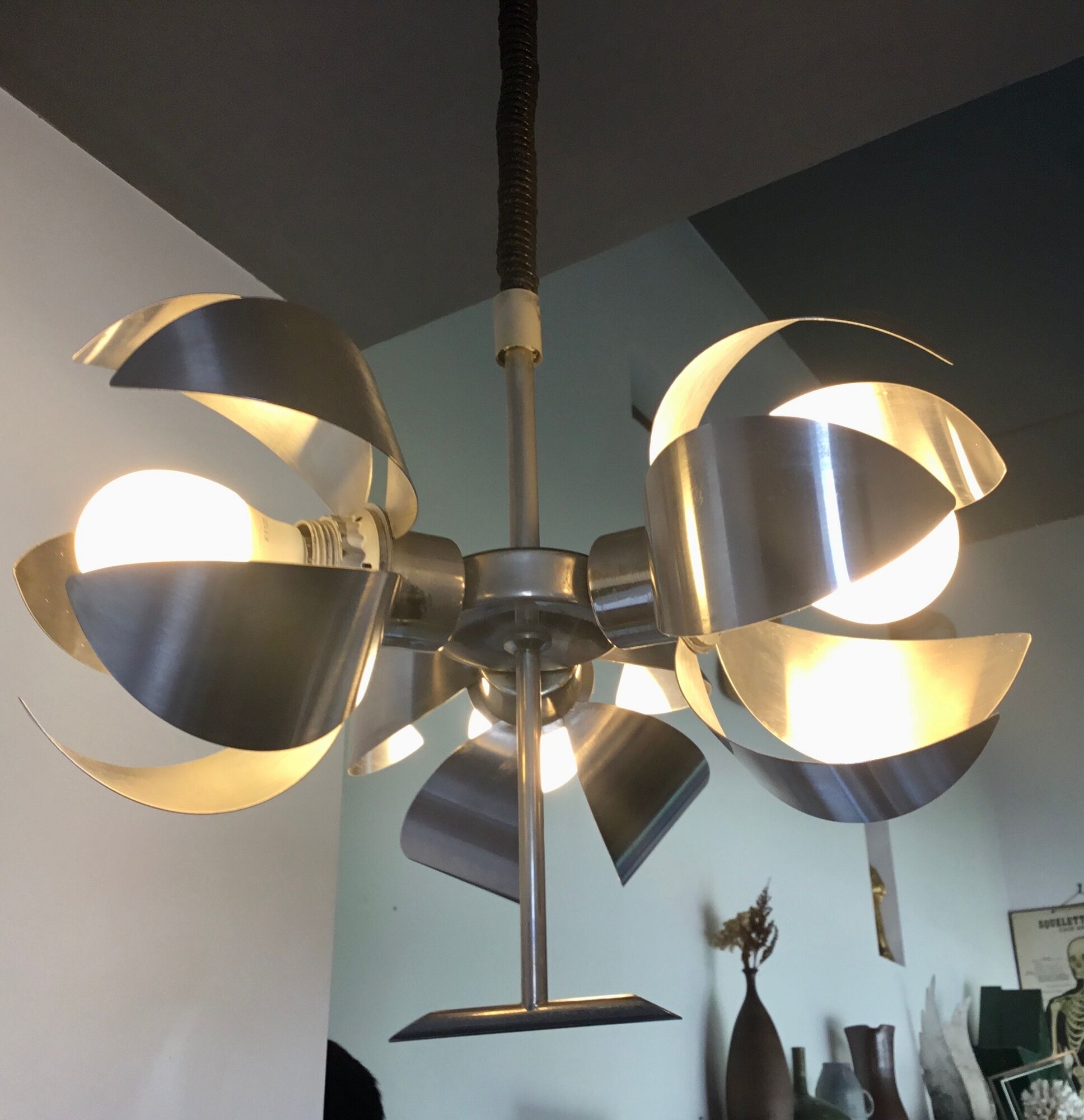 Space-age pendant lamp with 3 stainless steel lights and brushed aluminum adjustable in height - design 1970