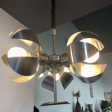 Space-age pendant lamp with 3 stainless steel lights and brushed aluminum adjustable in height - design 1970