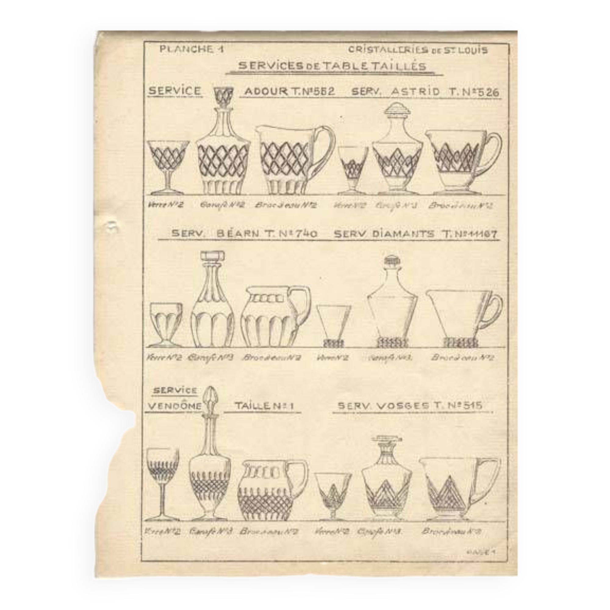 Set of 3 old champagne glasses in cut crystal with flat ribs Saint Louis? Béarn Talleyrand