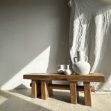 Solid wood bench with openwork base crossed by a cylinder - Mango wood