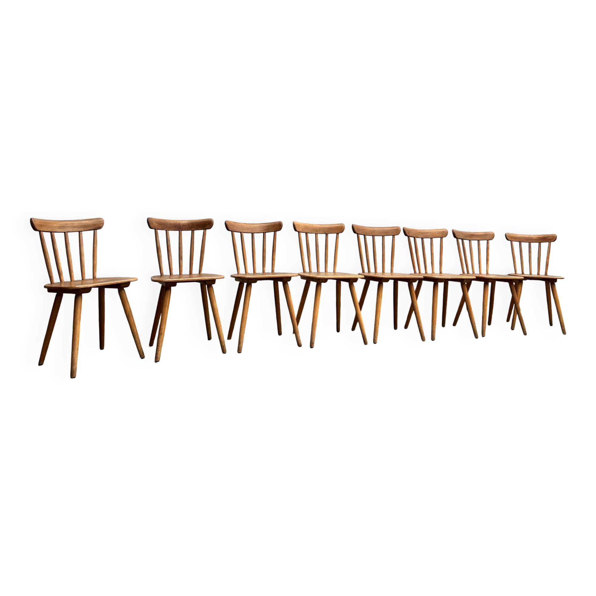 Set of 8 vintage bistro chairs – Warm stained wood – Compass legs