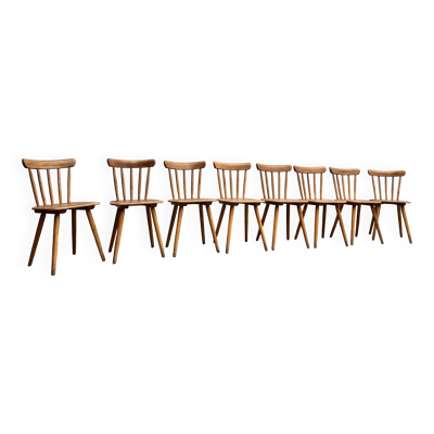 Lot de 8 chaises bistrot vintage – Bois teinté chaleureux – Pieds compas