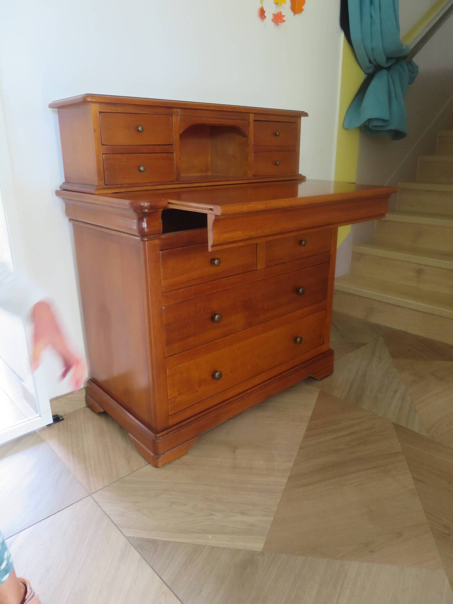 Vintage commode secretary dressing table sliding top 7 drawers cherry wood