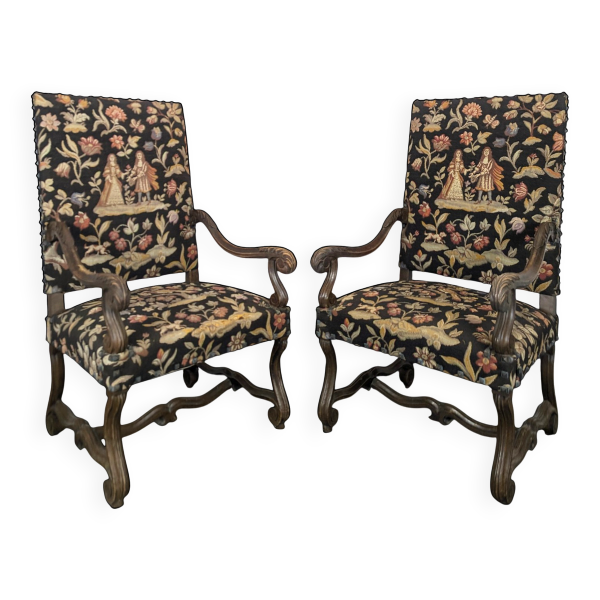 Pair of Louis XIV style armchairs in walnut.