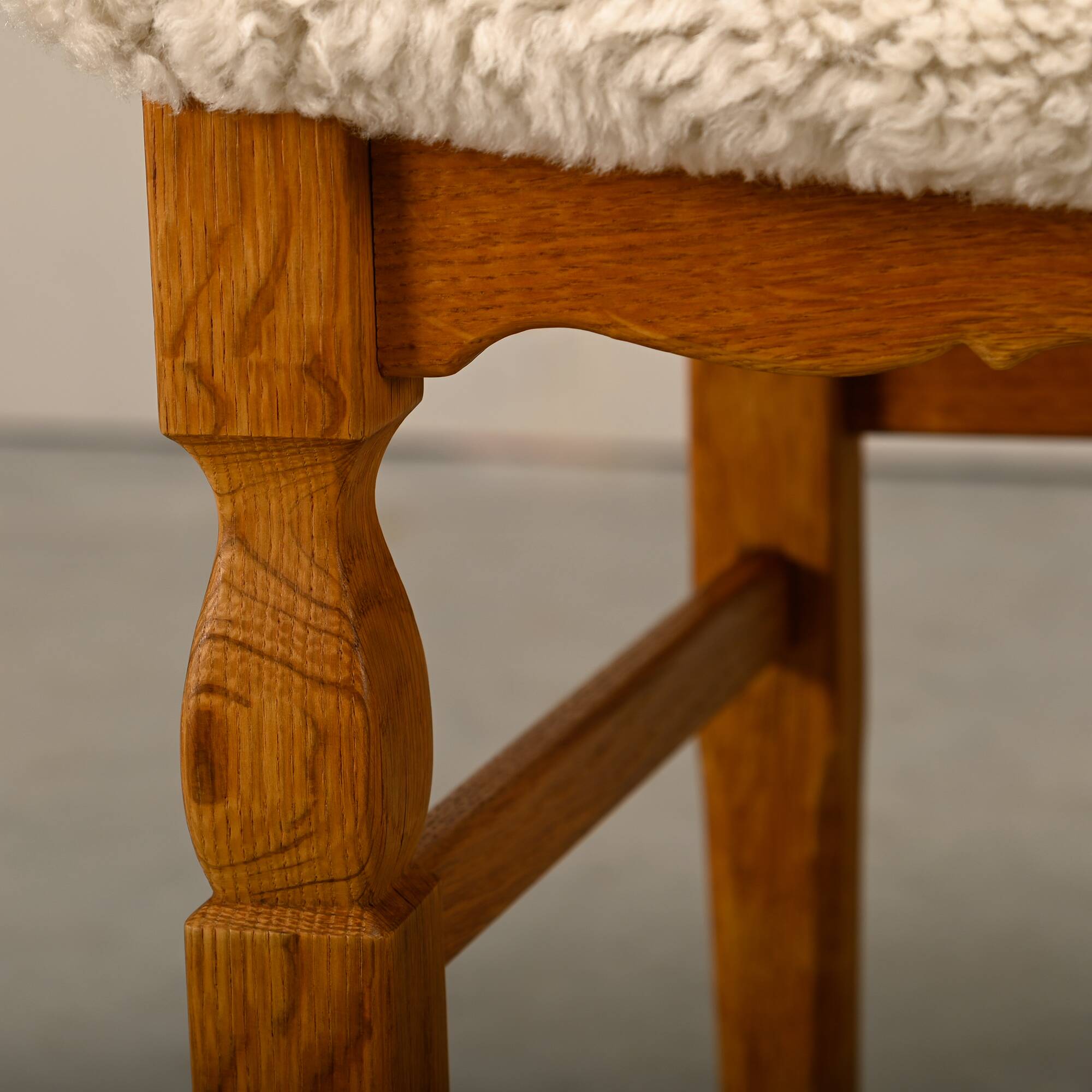 Henning Kjærnulf brutalist dining chairs set in Oak and Sheepskin, Denmark