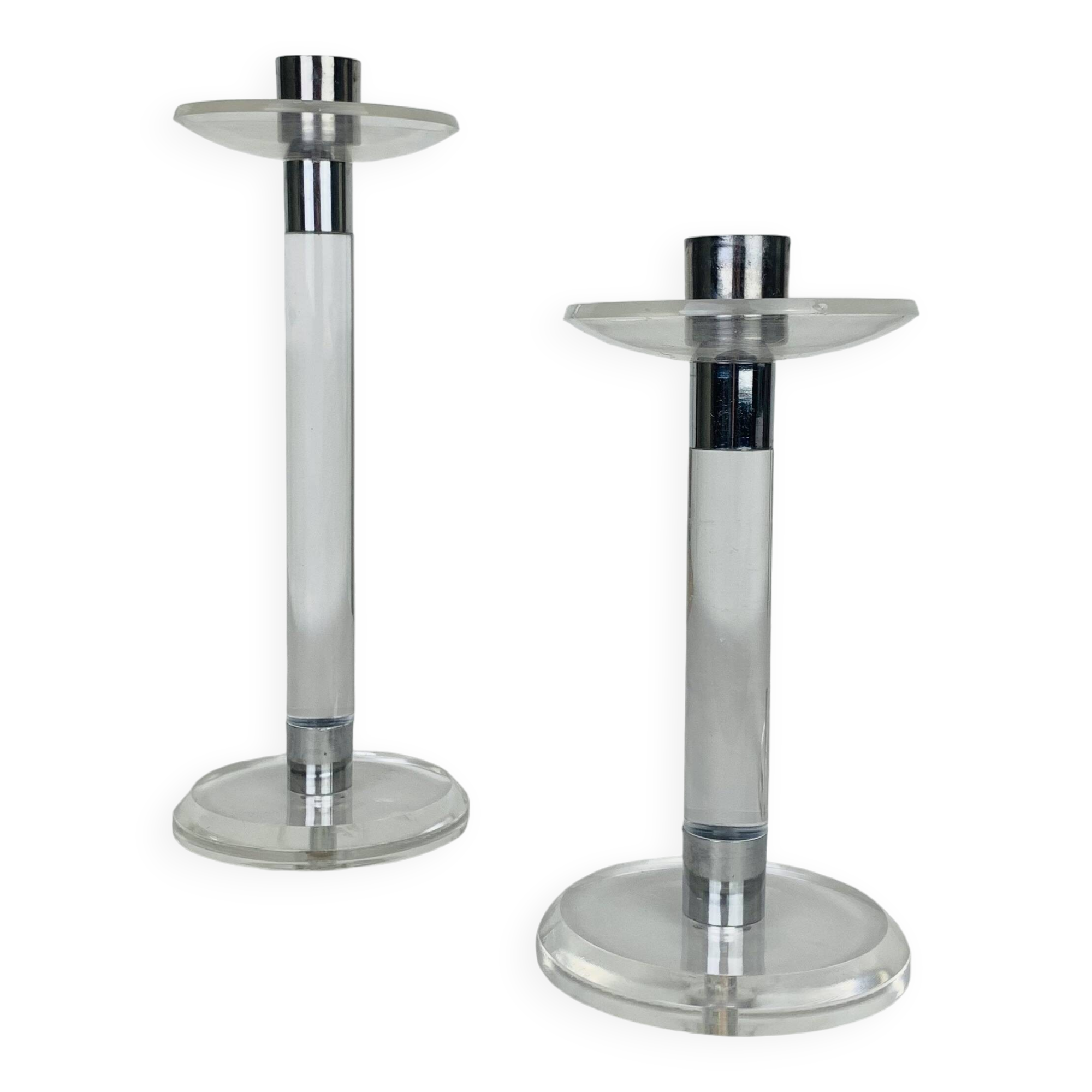 Pair of vintage plexiglass and chrome metal candlesticks