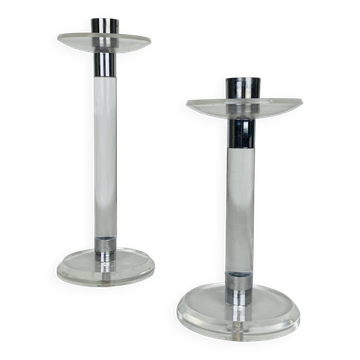 Pair of vintage plexiglass and chrome metal candlesticks