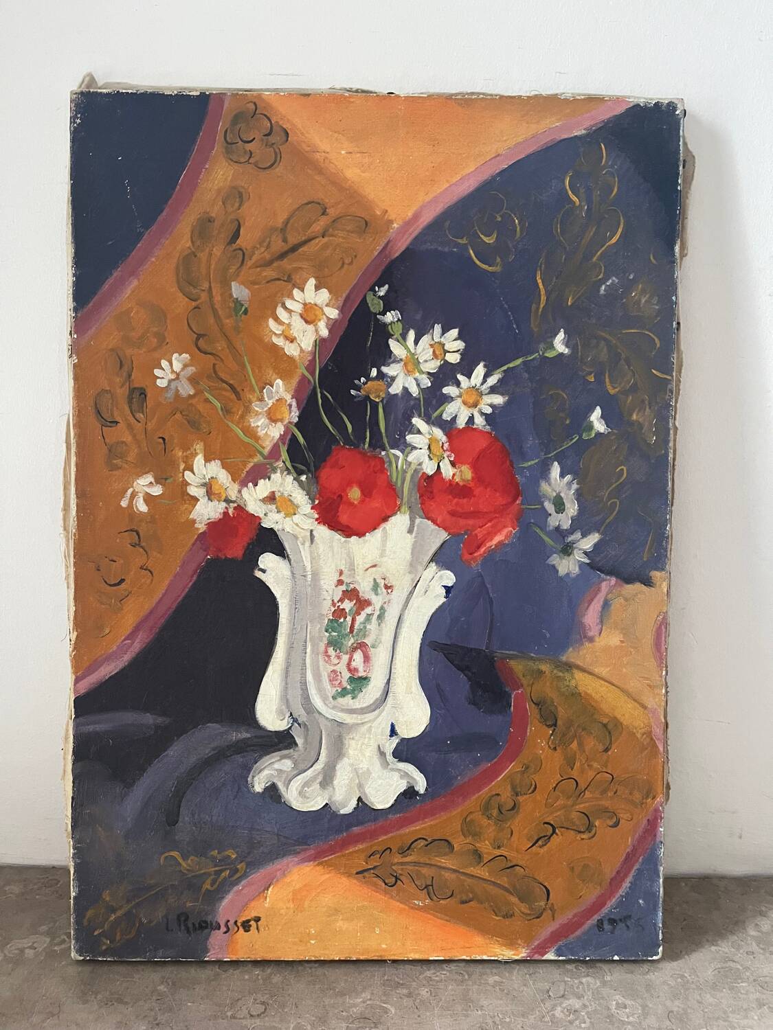 Poppies and daisies, oil on canvas, signed L Riousset.