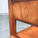 Elm and Cognac Leather Dining Room Chairs Set in the style of Pierre Chapo, Italy, 1960s, Set of 4