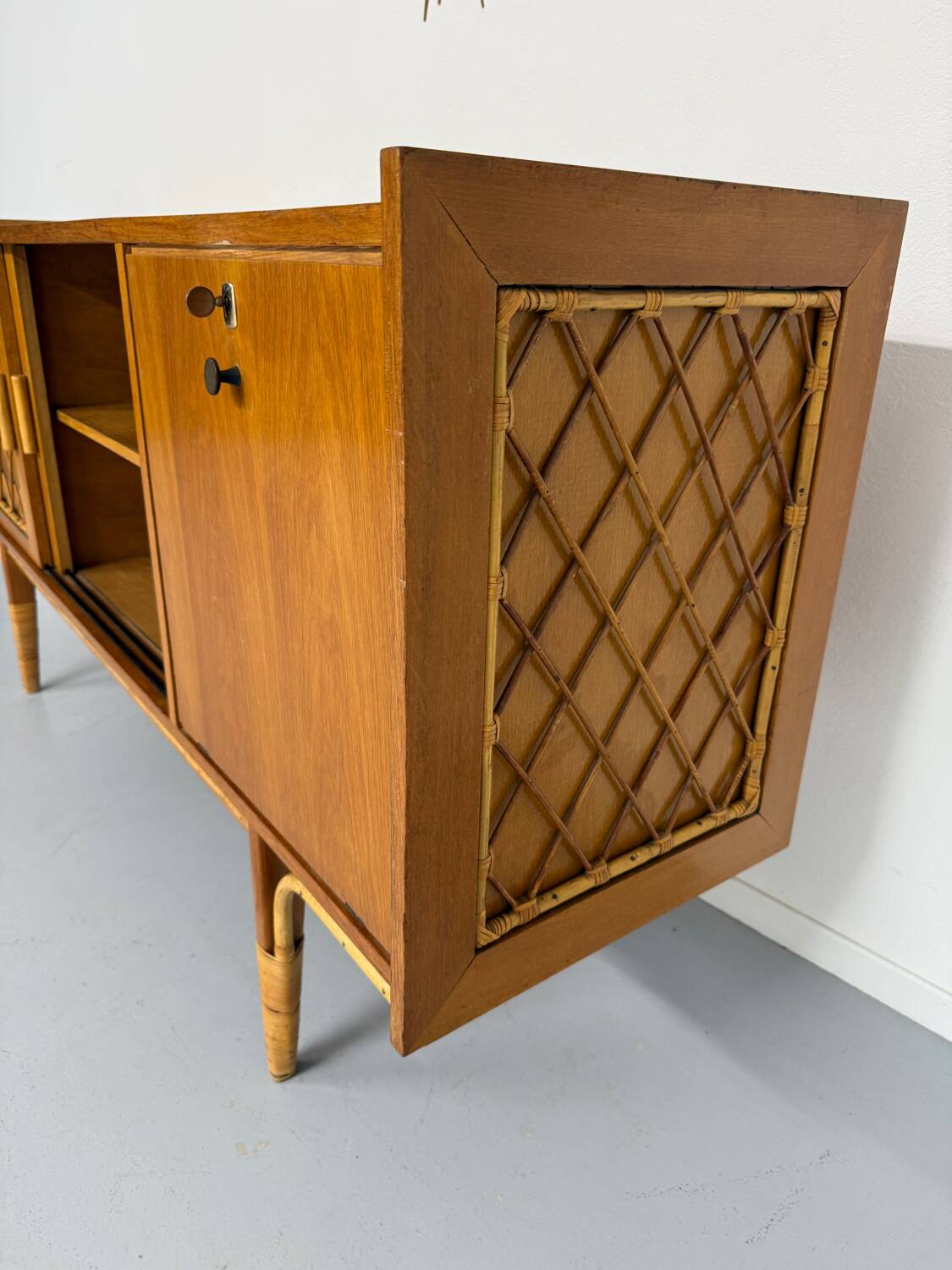 Antique French vintage 50s design wooden and rattan sideboard