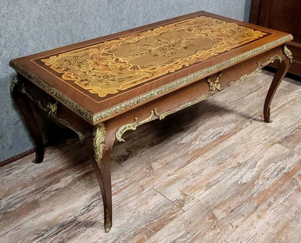 Louis XV style coffee table in marquetry and patinated bronzes circa 1950