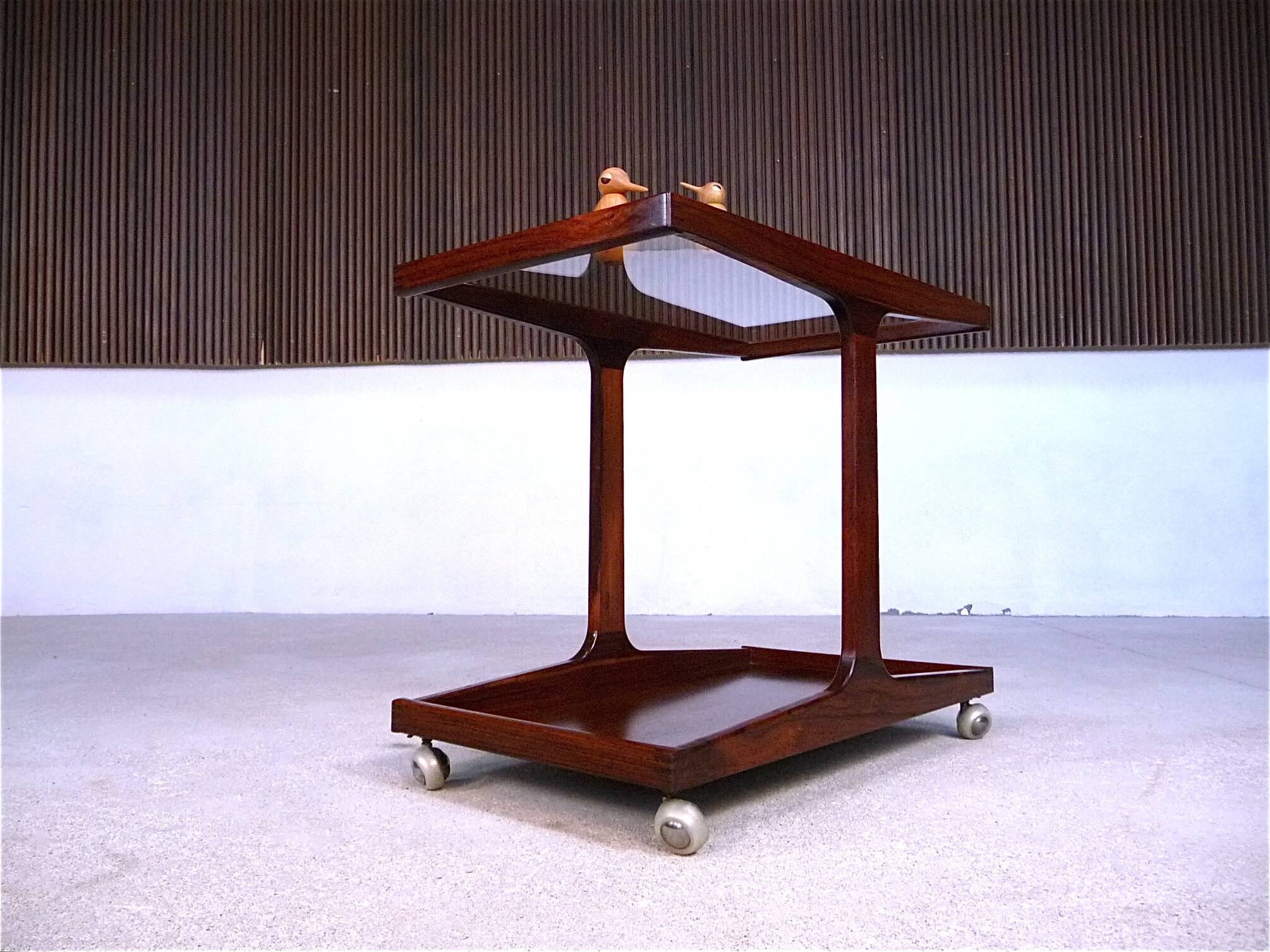 Vintage Modernist Serving Bar Cart in Walnut with Glass Top, Germany 1960s