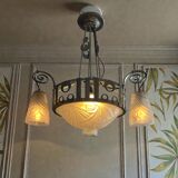 Art Deco, 4-light chandelier, wrought iron, pressed glass, Dugué Negra, circa 1930.