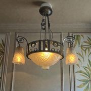 Art Deco, 4-light chandelier, wrought iron, pressed glass, Dugué Negra, circa 1930.