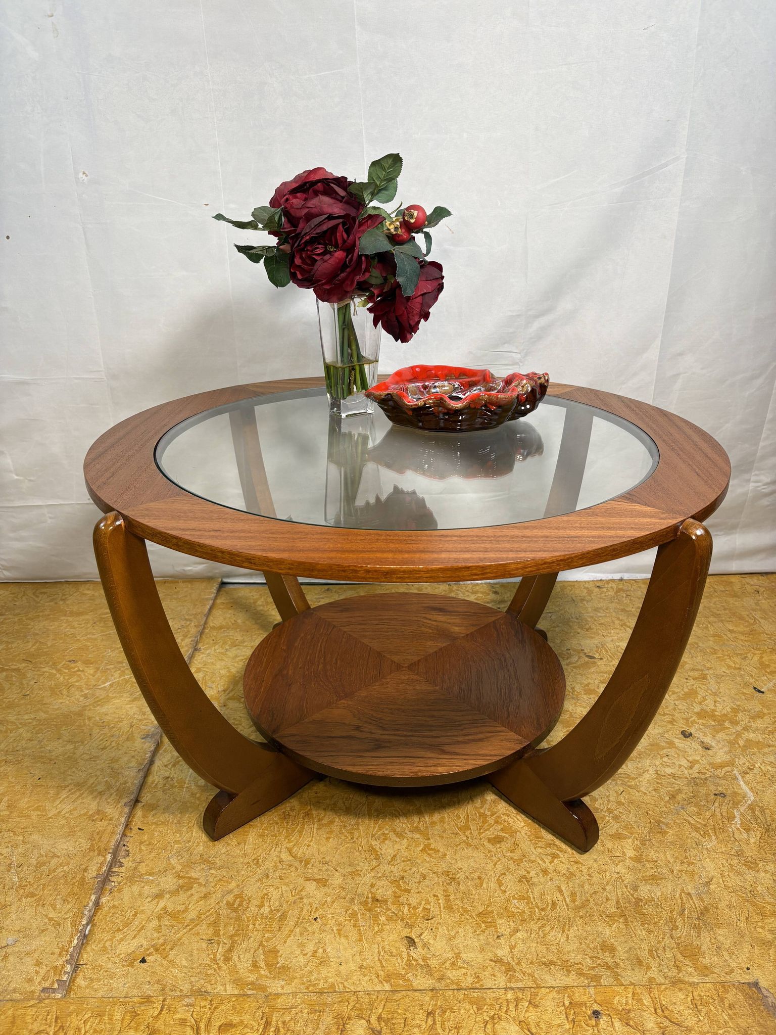 Mid-Century Retro Vintage Teak & Glass Round Coffee Table by Stonehill 1960