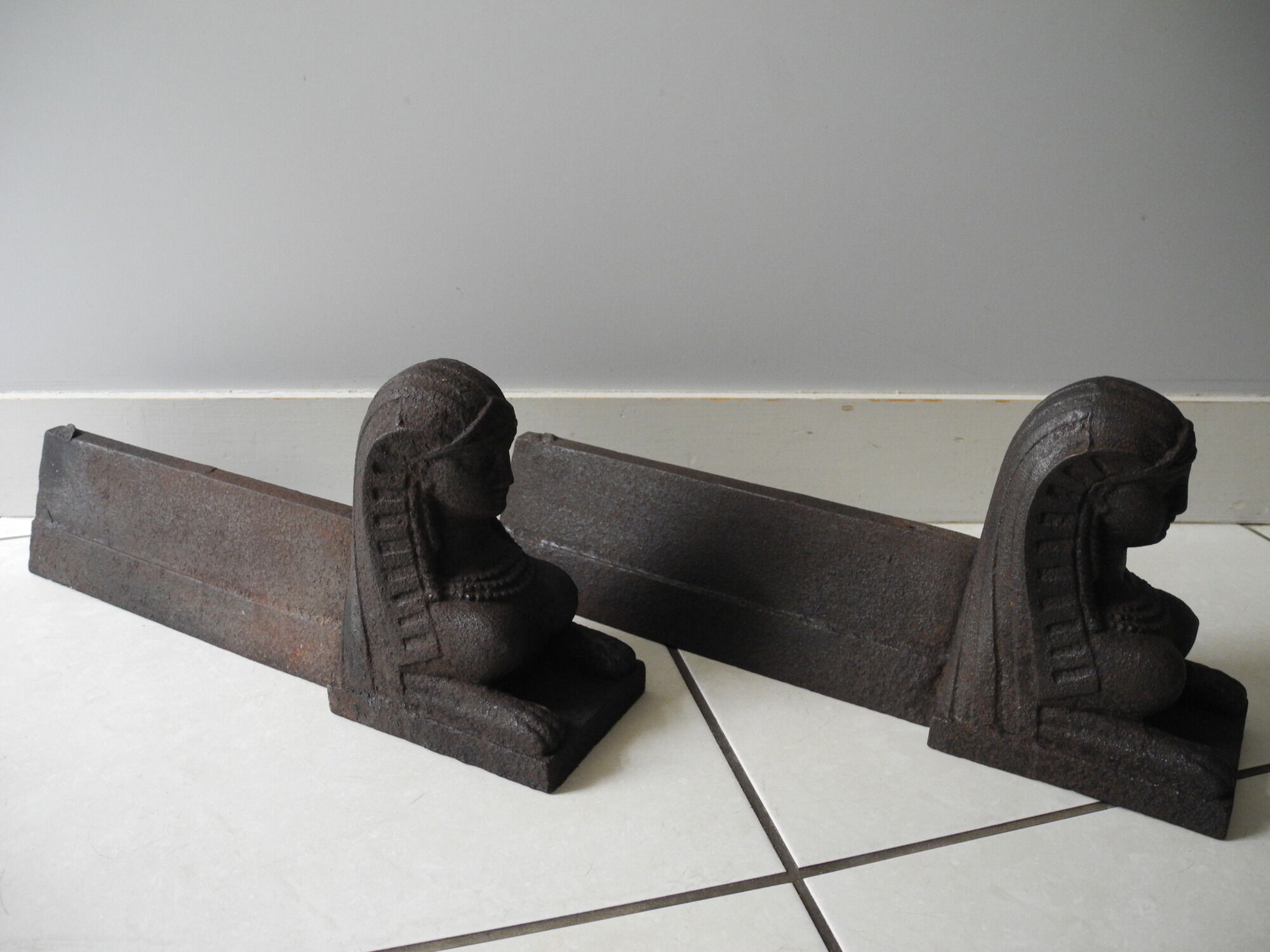 Pair of old chenets sphinx cast iron deco back from egypt