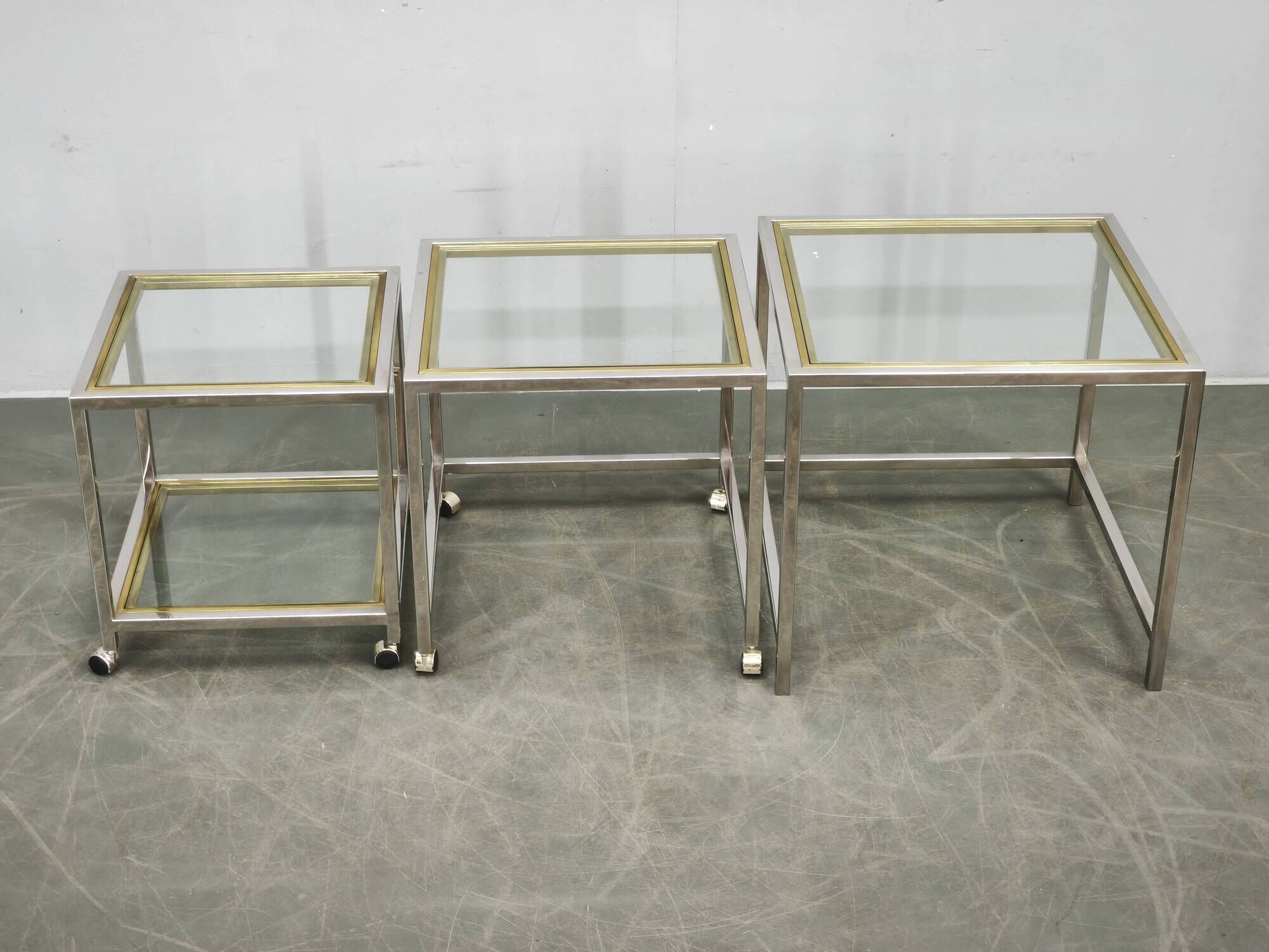1970s Italian Chrome, Brass and Glass Nesting Tables, Set of Three