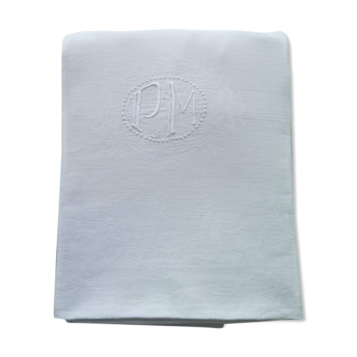 Monogrammée white damask cotton tablecloth PM 1.52 X 2.36 M