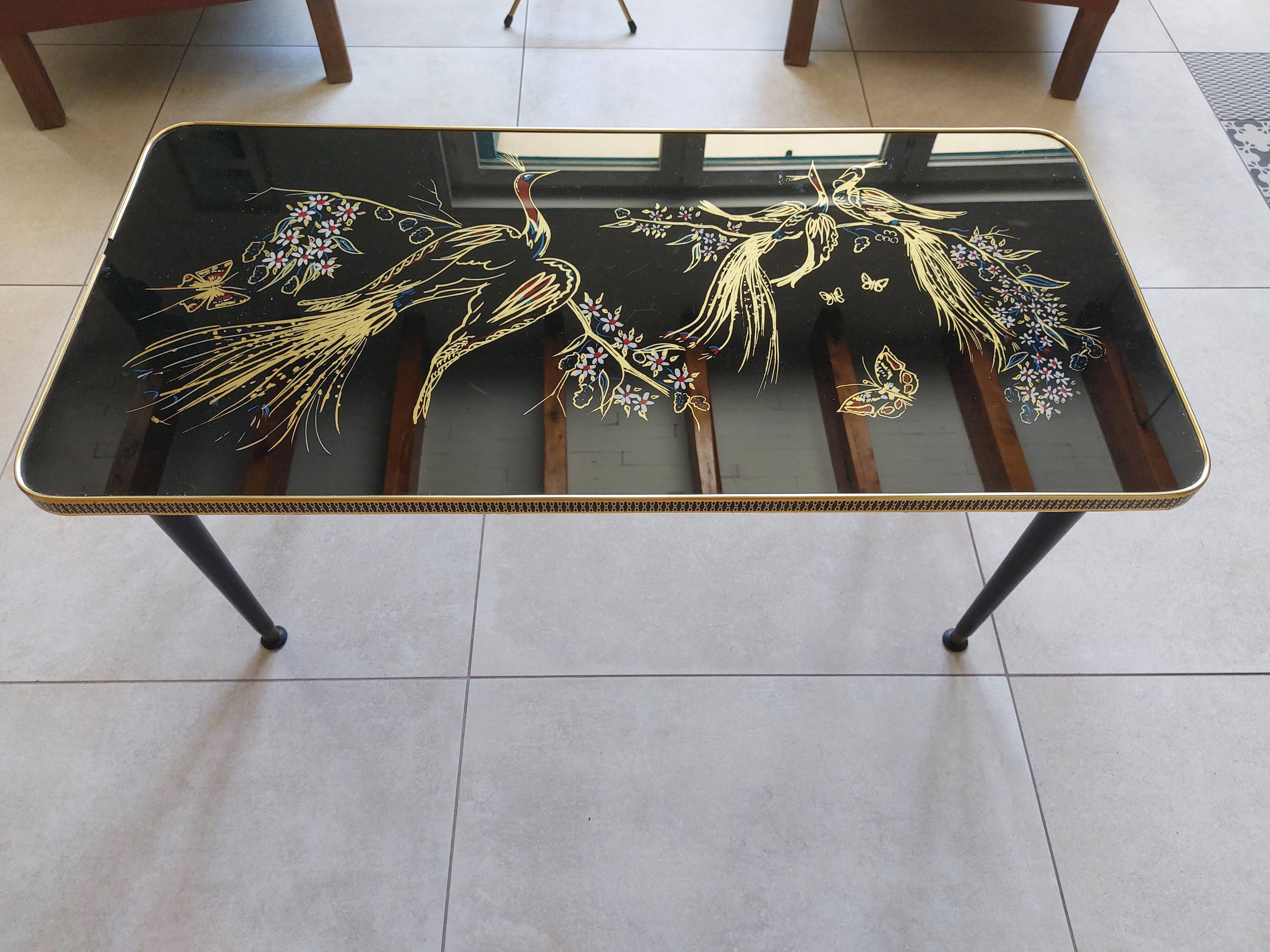 Japanese patterned coffee table, tapered legs and brass, vintage.