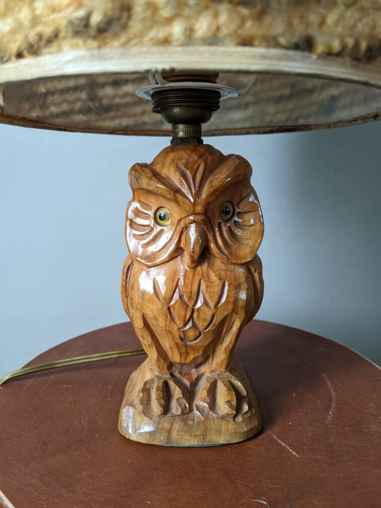 Vintage owl lamp with wool lampshade, handmade