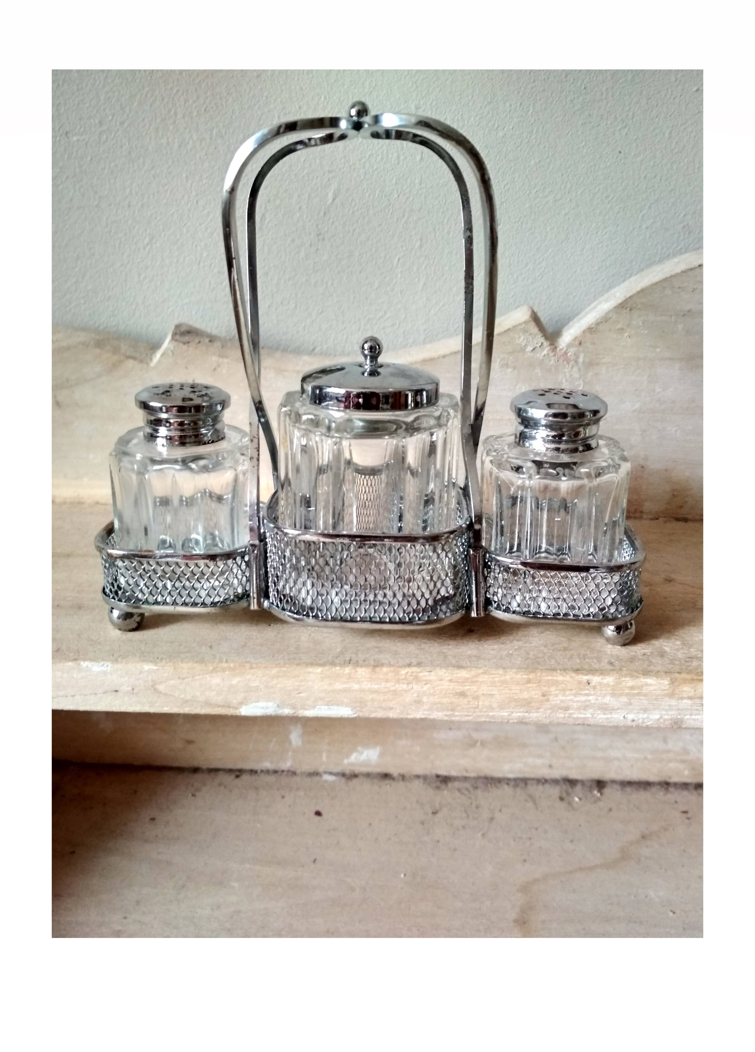 Set of 2 small salt pots and mustard pot in molded glass on their metal servant