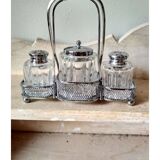Set of 2 small salt pots and mustard pot in molded glass on their metal servant