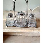 Set of 2 small salt pots and mustard pot in molded glass on their metal servant