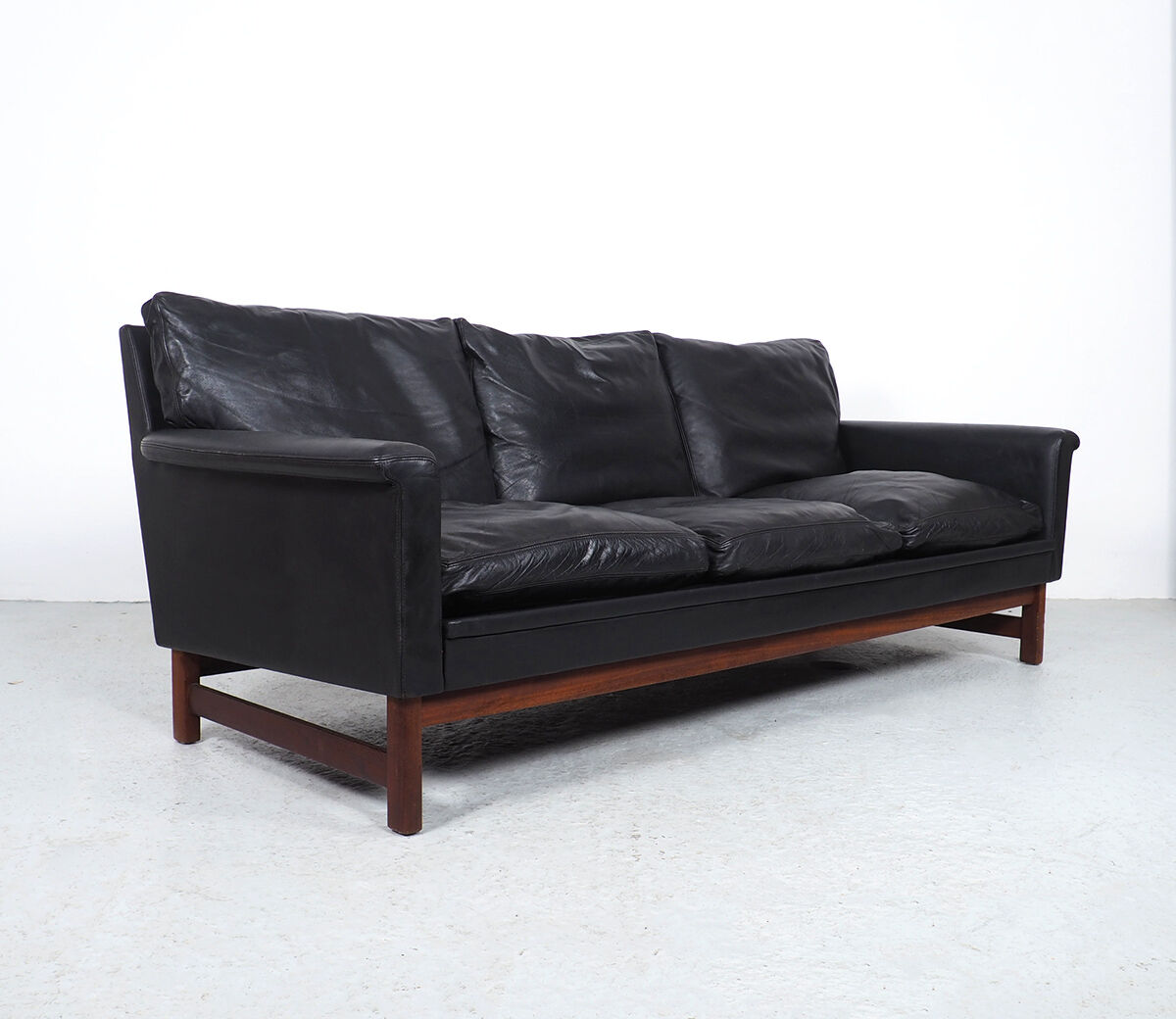 Danish design black leather and teak 3 seater sofa, 1960s