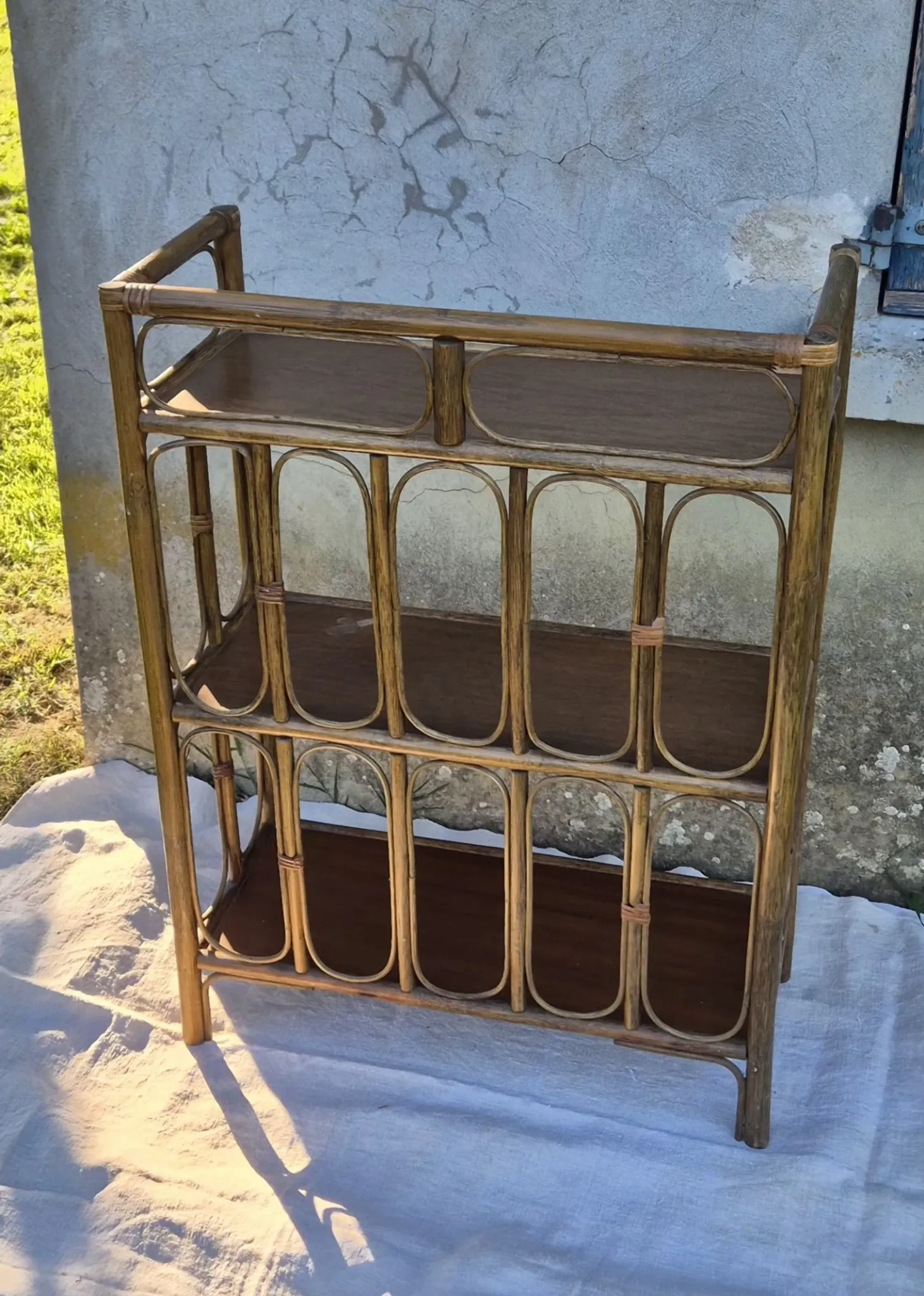 Set of 2 vintage bamboo rattan bedside shelves