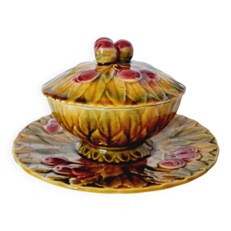 Bowl with Lid and Plate or Sarreguemines Barbotine Jam