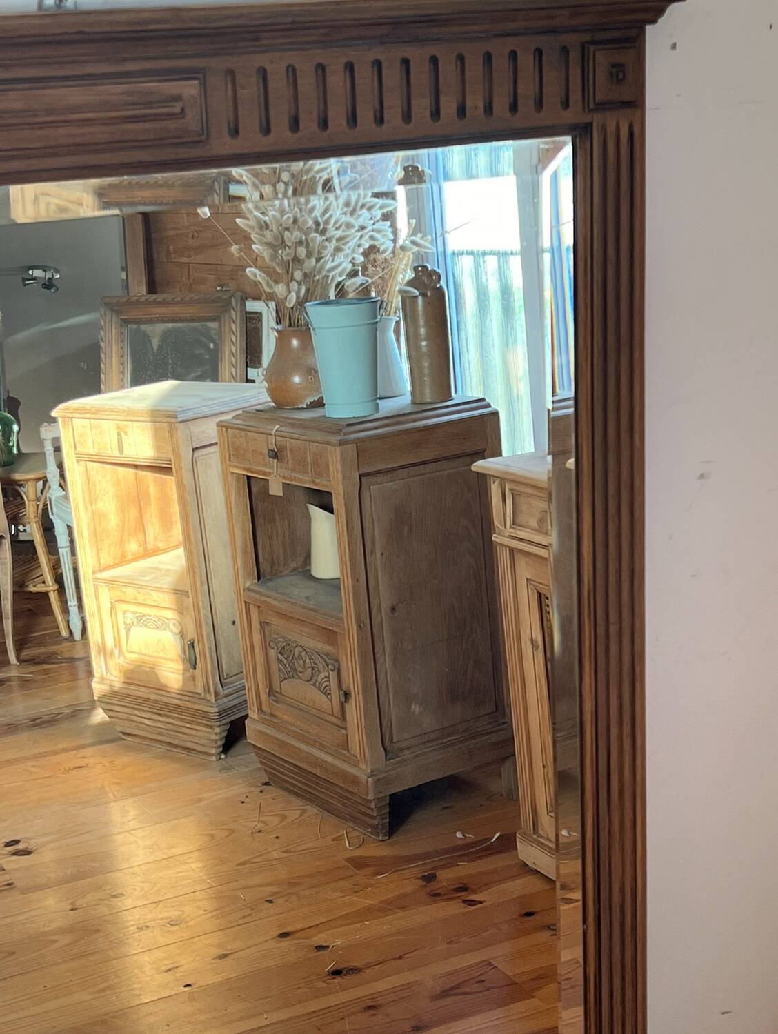Large antique mirror in raw solid oak