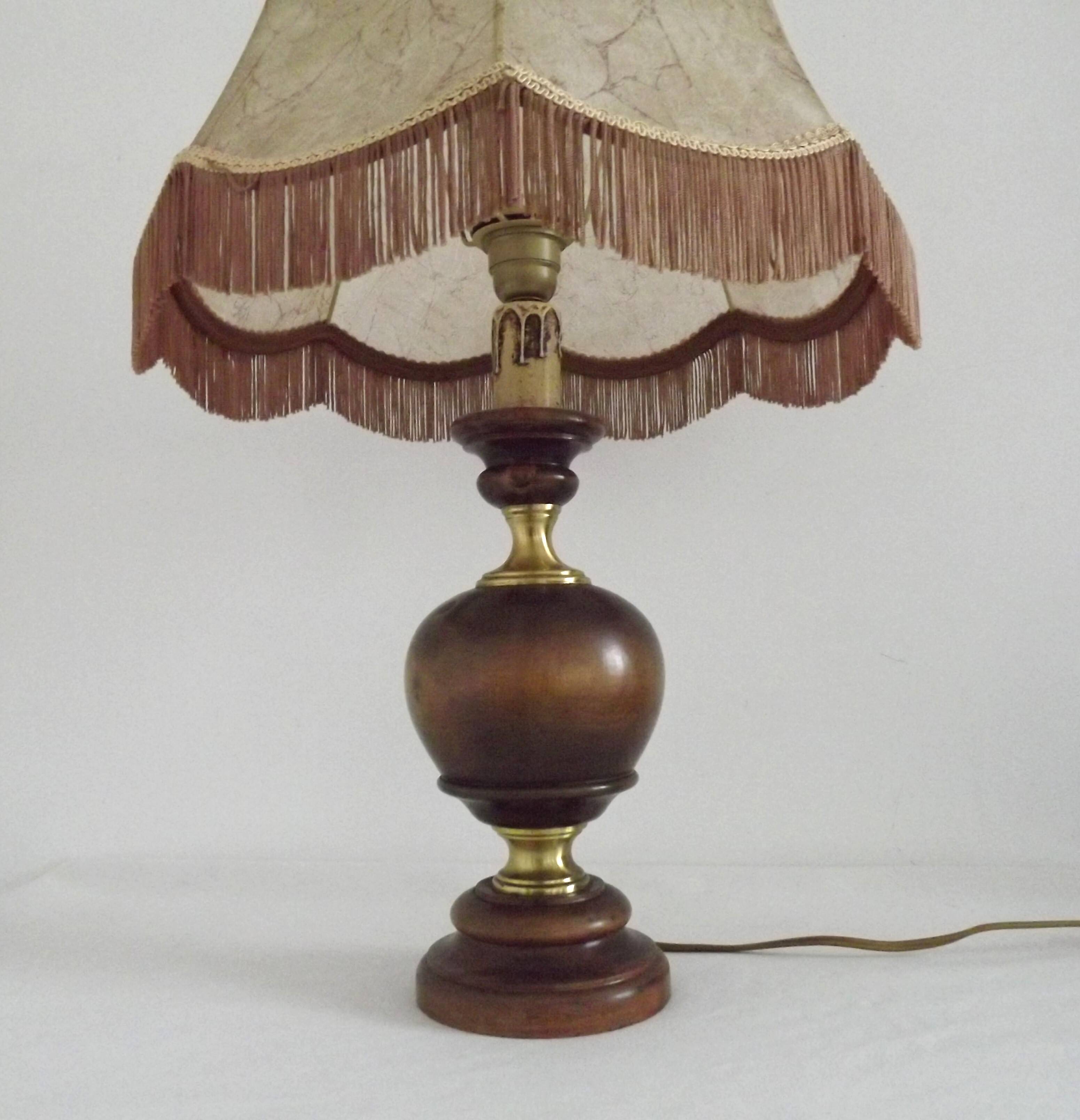 Vintage French Country Style Lamp Turned Wood Base & Hide Skin Shade
