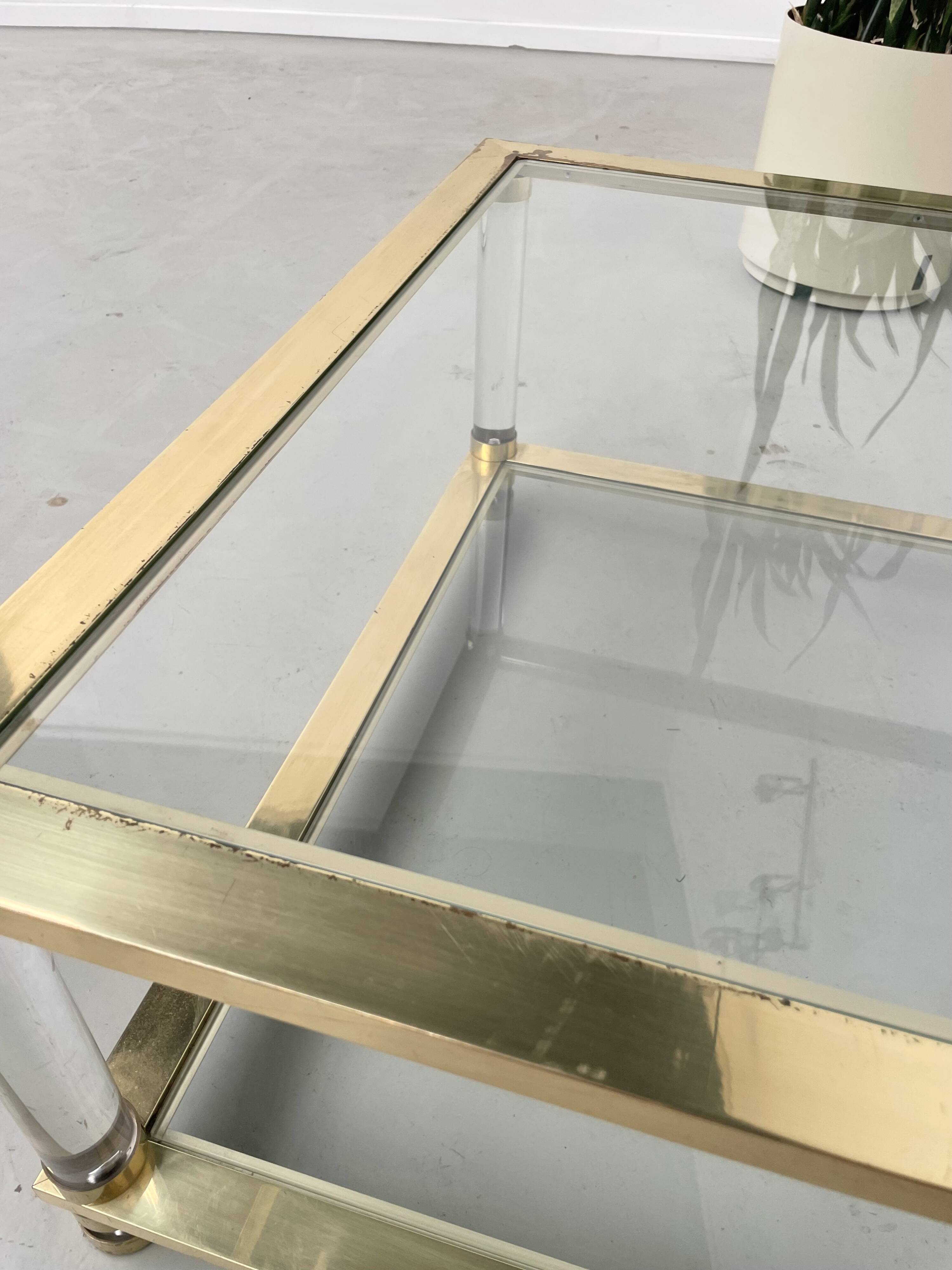 1970s lucite, brass and glass coffee table