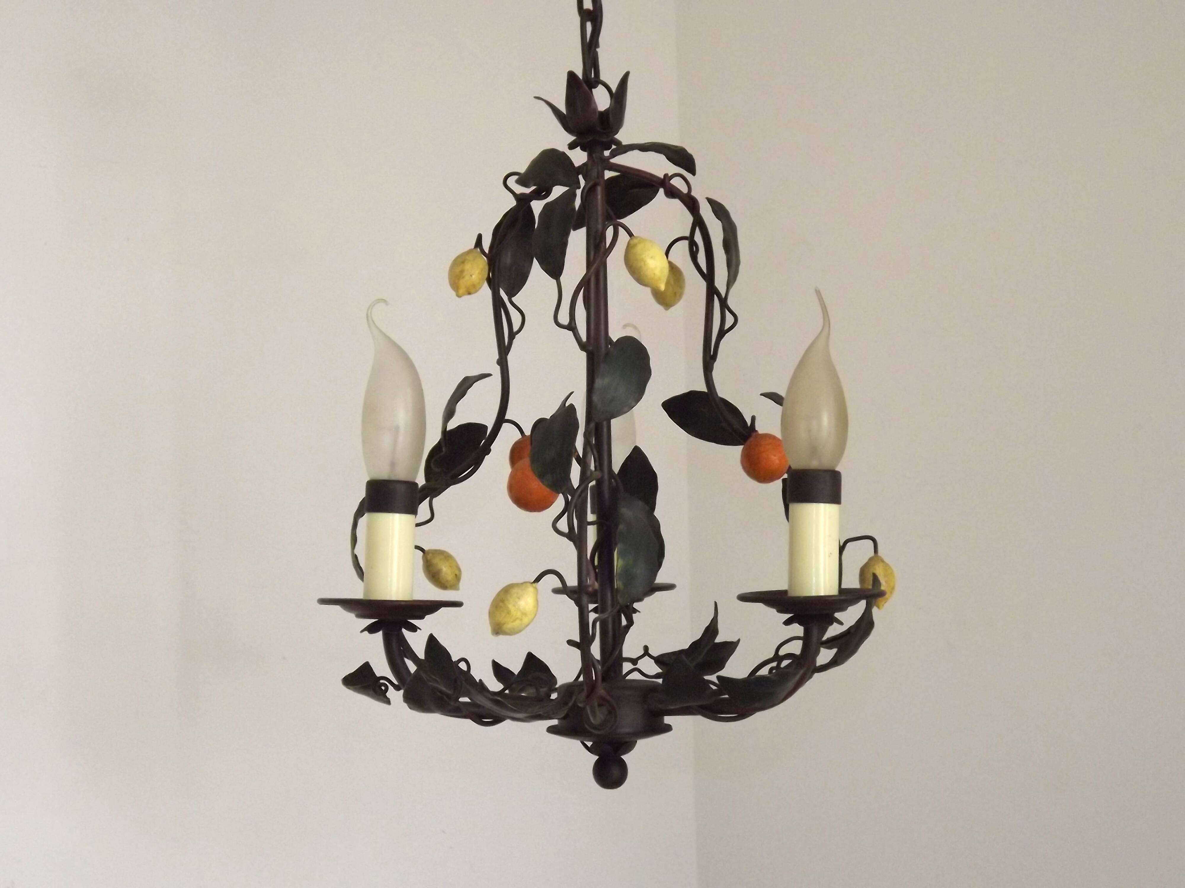 Lustre français à 3 lumières, brun clair, avec feuilles vertes, citrons et oranges 5473