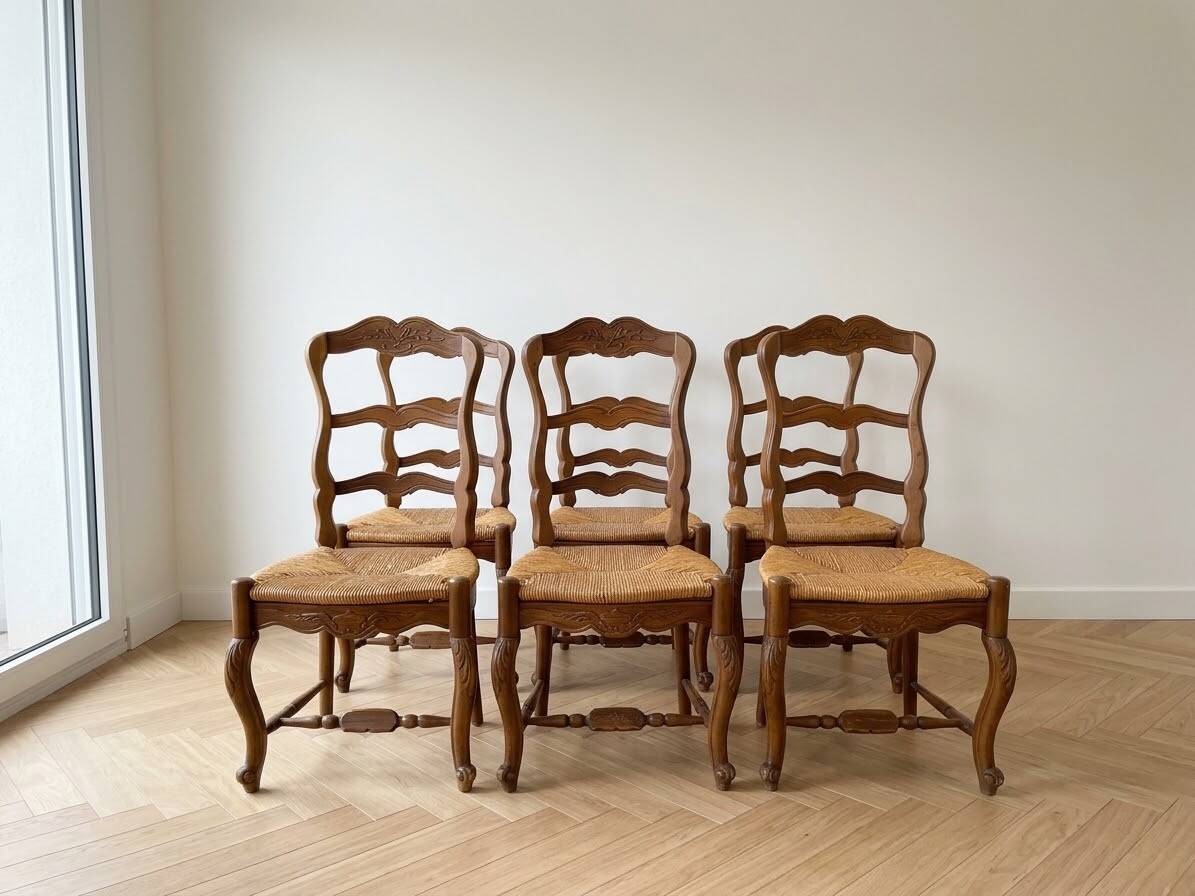 Set of 6 traditional chairs made of solid wood and straw.