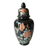 Vase with lid. decorative asian potiche with undulations. floral motifs/exotic bird. exclusive décor, made in italy. high 30 cm