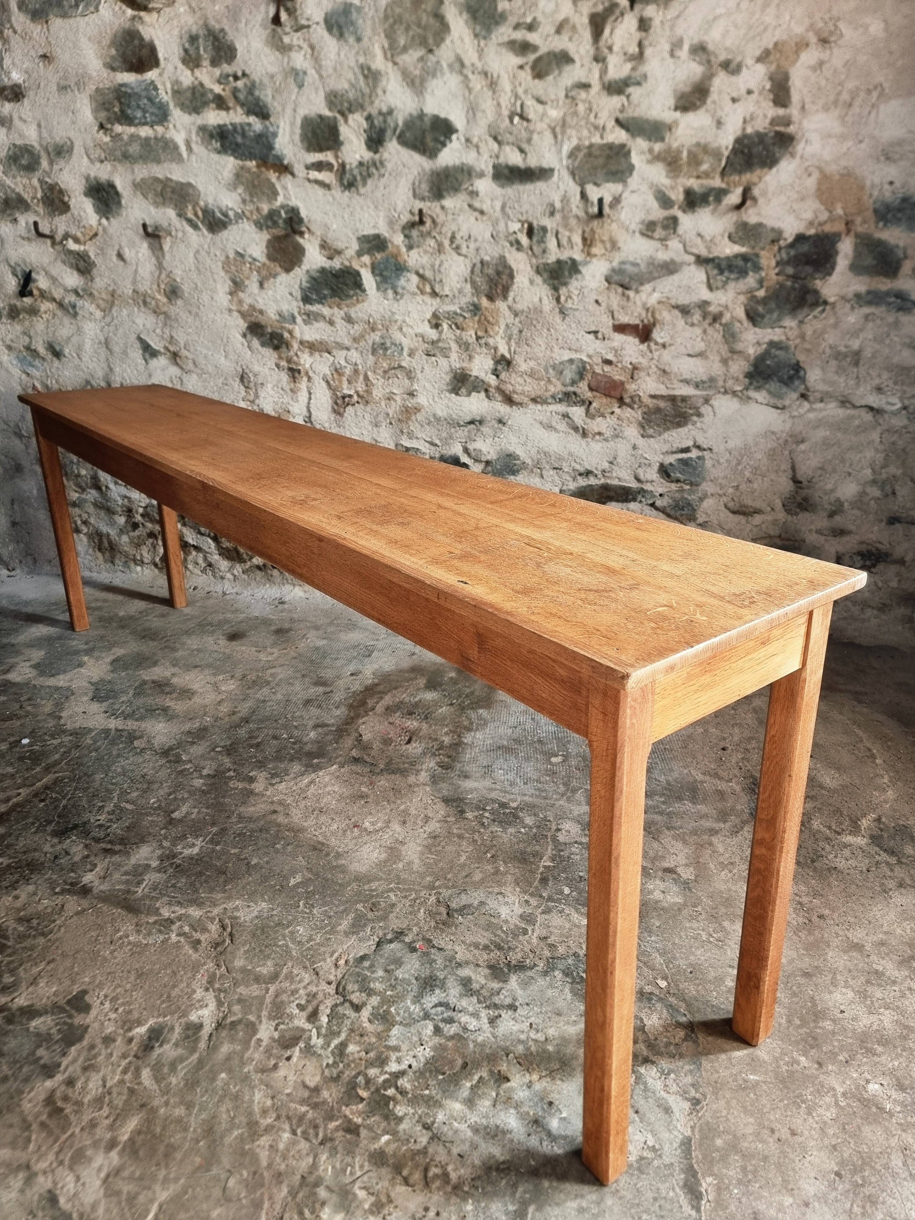 Old French oak console – Long and narrow farmhouse table 241 cm – Vichy hospital workshop from the 1950s