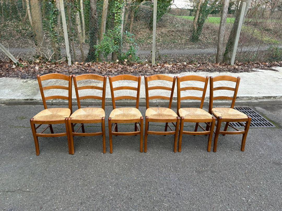 6 solid wood straw-seated Louis Philippe chairs, oak, 20th century.