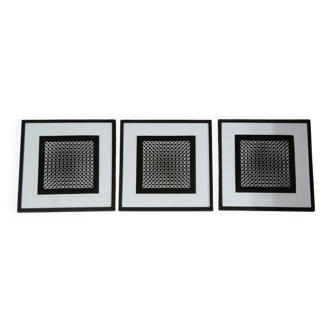 Vintage Optical Art Triptych - Vasarely Style - Frames 40x40cm