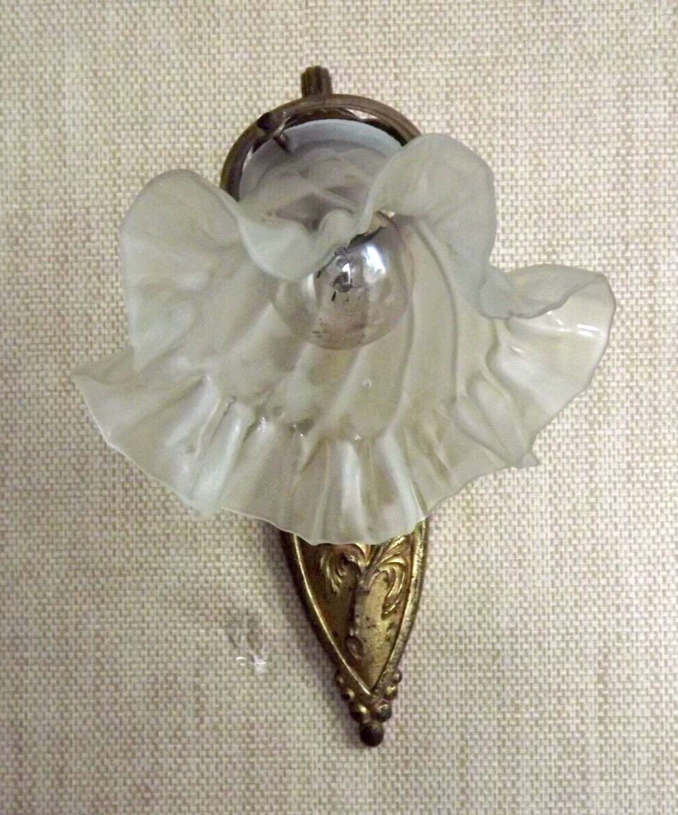 French art nouveau bronze wall light white frilled patterned glass shade 4213