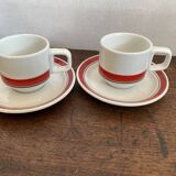 2 coffee cups and bistro saucers, Sarreguemines, vintage Red Band