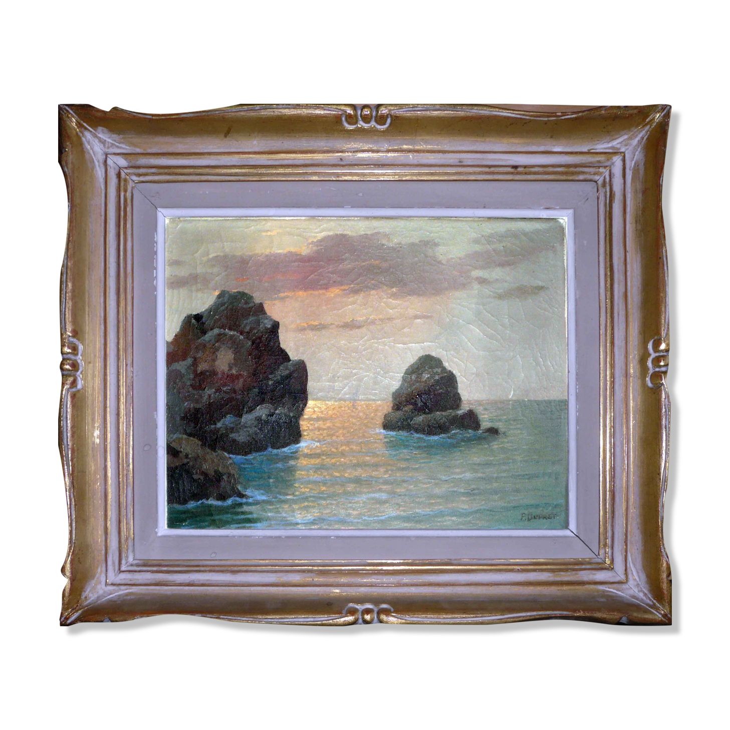 Superb seaside table with crespuscule by P. Dupret with frame
