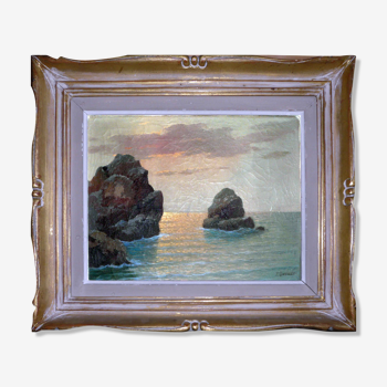 Tableau bord de mer au crespuscule de P. Dupret avec cadre